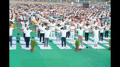 Yoga sessions underway to mark the International Yoga Day in Prayagraj on Wednesday. (HT Photo) Yoga sessions underway to mark the International Yoga Day in Prayagraj on Wednesday. (HT Photo)