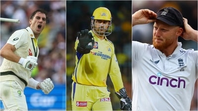 Pat Cummins (L) celebrates after scoring the winning runs in Ashes 1st Test; MS Dhoni in the IPL 2023; Ben Stokes during the 1st Test (Reuters/IPL) Pat Cummins (L) celebrates after scoring the winning runs in Ashes 1st Test; MS Dhoni in the IPL 2023; Ben Stokes during the 1st Test (Reuters/IPL)