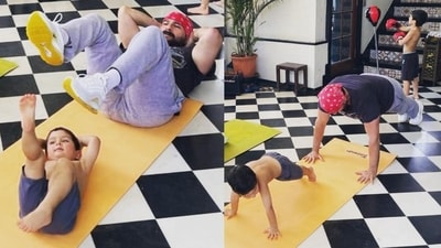 Actor Kareena Kapoor wished her fans on International Yoga Day by sharing cute pictures of Saif Ali Khan and their son Jehangir Ali Khan practising yoga at home. Her elder son Taimur Ali Khan was also seen in the background in the undated photos. Actor Kareena Kapoor wished her fans on International Yoga Day by sharing cute pictures of Saif Ali Khan and their son Jehangir Ali Khan practising yoga at home. Her elder son Taimur Ali Khan was also seen in the background in the undated photos. 