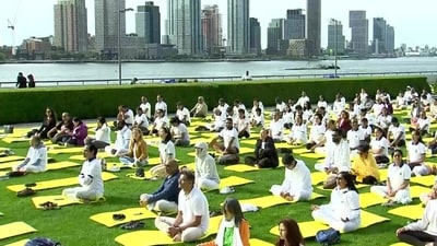 Speaking about the 'Ocean Ring of Yoga', PM Modi said, "The 'Ocean Ring of Yoga' has made the Yoga Day events more special this year. Its idea is based on the interrelationship between the idea of yoga and the expanse of the ocean." (ANI) Speaking about the 'Ocean Ring of Yoga', PM Modi said, "The 'Ocean Ring of Yoga' has made the Yoga Day events more special this year. Its idea is based on the interrelationship between the idea of yoga and the expanse of the ocean." (ANI)