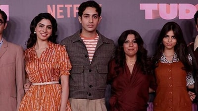 Khushi Kapoor, Agastya Nanda and Suhana Khan with Zoya Akhtar at an event in Sao Paulo.