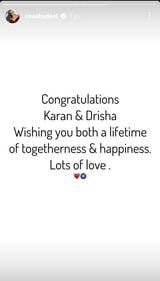 Esha Deol wished Karan Deol and Drisha Acharya on Instagram Stories.