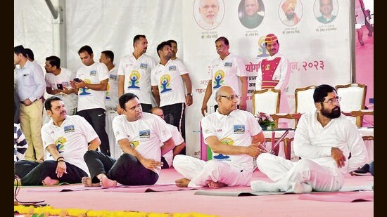 Mumbai, India – June 21, 2023: Maharashtra Governor Ramesh Bais, Maharashtra CM Eknath Shinde, Maharashtra DCM Devendra Fadnavis along with Maharashtra Assembly Speaker Rahul Narvekar perform yoga to celebrate International Yoga Day at Vidhan Bhavan, in Mumbai, India, on Wednesday, June 21, 2023. (Photo by Bhushan Koyande/HT Photo)
