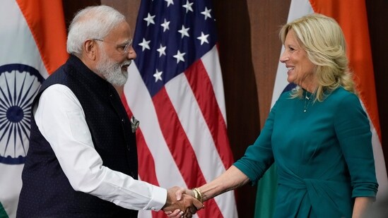 First lady Jill Biden and India's Prime Minister Narendra Modi shake hands at the National Science Foundation on Wednesday June, 21, 2023.(AP)