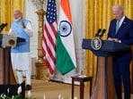 Prime Minister Narendra Modi speaks during a news conference with President Joe Biden in the East Room of the White House on Thursday,