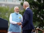 US President Joe Biden and Prime Minister Narendra Modi shake hands during a State Arrival Ceremony on the South Lawn of the White House in Washington, Thursday.