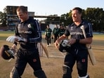 Michael Leask (L) with Chris Sole after Scotland's win over Ireland