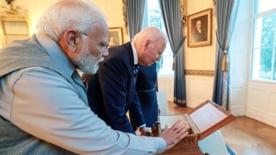 Prime Minister Narendra Modi meets US President Joe Biden the University Press Glasgow at White House in Washington DC on Wednesday. (PIB) Prime Minister Narendra Modi meets US President Joe Biden the University Press Glasgow at White House in Washington DC on Wednesday. (PIB)