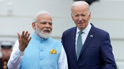 Prime Minister Narendra Modi speaks with President Joe Biden during a State arrival ceremony on the South Lawn of the White House on Thursday. (AP) Prime Minister Narendra Modi speaks with President Joe Biden during a State arrival ceremony on the South Lawn of the White House on Thursday. (AP)