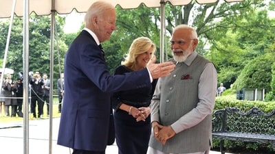 US President Joe Biden, left, and First Lady Jill Biden, center, welcome Narendra Modi at the White House in Washington, DC. (Bloomberg) US President Joe Biden, left, and First Lady Jill Biden, center, welcome Narendra Modi at the White House in Washington, DC. (Bloomberg)