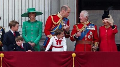 Britain's King Charles, Queen Camilla, Prince William, Catherine, Princess of Wales, Prince George, Princess Charlotte and Prince Louis appear on the balcony of Buckingham Palace. (Reuters)
