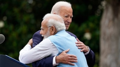 President Joe Biden and India's Prime Minister Narendra Modi, hug during a State Arrival Ceremony on the South Lawn of the White House in Washington, Thursday, June 22, 2023. (AP Photo/Andrew Harnik) (AP) President Joe Biden and India's Prime Minister Narendra Modi, hug during a State Arrival Ceremony on the South Lawn of the White House in Washington, Thursday, June 22, 2023. (AP Photo/Andrew Harnik) (AP)