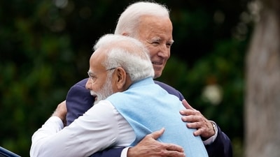 US President Joe Biden and Prime Minister Narendra Modi hug during a State Arrival Ceremony on the South Lawn of the White House in Washington on Thursday, (AP) US President Joe Biden and Prime Minister Narendra Modi hug during a State Arrival Ceremony on the South Lawn of the White House in Washington on Thursday, (AP)