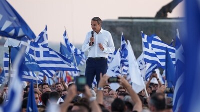 Kyriakos Mitsotakis, Greece's prime minister, speaks during a New Democracy Party election rally in Thessaloniki, Greece, on Wednesday, June 21. (Bloomberg) Kyriakos Mitsotakis, Greece's prime minister, speaks during a New Democracy Party election rally in Thessaloniki, Greece, on Wednesday, June 21. (Bloomberg)