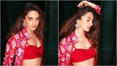 Kiara Advani in red outfit for Satyaprem Ki Katha event with Kartik Aaryan. (HT Photo/Varinder Chawla) Kiara Advani in red outfit for Satyaprem Ki Katha event with Kartik Aaryan. (HT Photo/Varinder Chawla)
