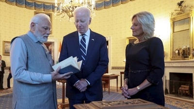 President Joe Biden and first lady Jill Biden with India's Prime Minister Narendra Modi. (PTI) President Joe Biden and first lady Jill Biden with India's Prime Minister Narendra Modi. (PTI)