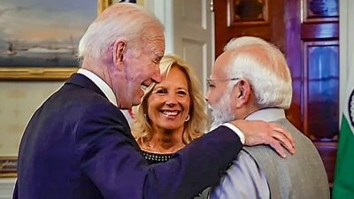 Prime Minister Narendra Modi with US President Joe Biden and First Lady Jill Biden during a private dinner at the White House in Washington. (PTI)
