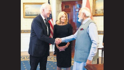 Prime Minister Narendra Modi meets US President Joe Biden and First Lady Jill Biden at White House in Washington DC. (ANI) Prime Minister Narendra Modi meets US President Joe Biden and First Lady Jill Biden at White House in Washington DC. (ANI)
