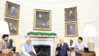 Prime Minister Narendra Modi with US President Joe Biden in the Oval Office at the White House in Washington on Thursday. (REUTERS) Prime Minister Narendra Modi with US President Joe Biden in the Oval Office at the White House in Washington on Thursday. (REUTERS)