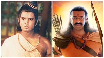 Sunil Lahri as Lakshman in Ramanand Sagar's Ramayan (left); Prabhas in a still from Adipurush. Sunil Lahri as Lakshman in Ramanand Sagar's Ramayan (left); Prabhas in a still from Adipurush.