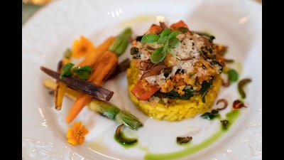 The main course, stuffed portobello mushrooms with a creamy saffron-infused risotto, that will be served at Thursday evening's State Dinner with India, is seen during a media preview, Wednesday, June 21, 2023, at the White House in Washington. (AP) The main course, stuffed portobello mushrooms with a creamy saffron-infused risotto, that will be served at Thursday evening's State Dinner with India, is seen during a media preview, Wednesday, June 21, 2023, at the White House in Washington. (AP)
