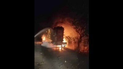 Truck laden with hydrogen cylinders catches fire near Payal Truck laden with hydrogen cylinders catches fire near Payal