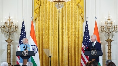 India’s Prime Minister Narendra Modi listens during a joint press conference with U.S. President Joe Biden at the White House in Washington, U.S., June 22, 2023. (REUTERS)