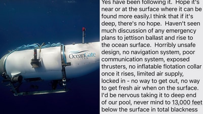 The engineer dad's morbid reply about missing submersible Titan has prompted people to post various reactions. (Twitter/@TheKaitster, AP)