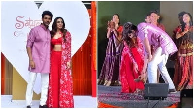 Kartik Aaryan and Kiara Advani at Satyaprem Ki Katha song Sun Sajni launch on Wednesday. Kartik Aaryan and Kiara Advani at Satyaprem Ki Katha song Sun Sajni launch on Wednesday.