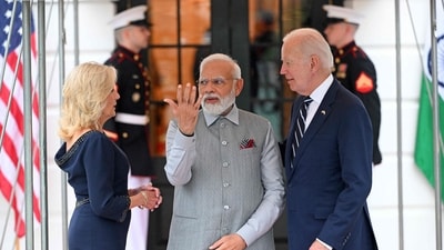 US President Joe Biden (R) and First Lady Jill Biden (L) greet Prime Minister Narendra Modi as he arrives at the South Portico of the White House in Washington, DC on June 21, 2023. (AFP) US President Joe Biden (R) and First Lady Jill Biden (L) greet Prime Minister Narendra Modi as he arrives at the South Portico of the White House in Washington, DC on June 21, 2023. (AFP)