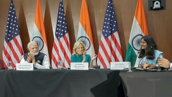 Prime Minister Narendra Modi and US First Lady Jill Biden on Thursday participated in the 'Skilling for Future' event organised by the National Science Foundation in Washington DC.&nbsp;(ANI/PIB)