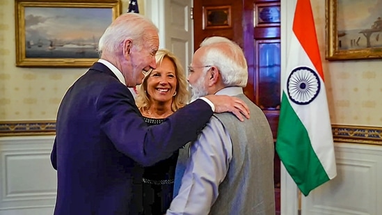 Thanking US President Joe Biden and First Lady Jill Biden for hosting him at the White House PM Modi tweeted, "I thank @POTUS @JoeBiden and @FLOTUS @DrBiden for hosting me at the White House today. We had a great conversation on several subjects."(PTI)