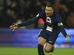 PSG's Kylian Mbappe celebrates after scoring. PSG's Kylian Mbappe celebrates after scoring.