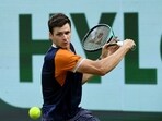 Poland's Hubert Hurkacz in action during his round of 16 match against Netherlands' Tallon Griekspoor