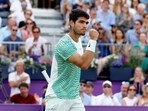 Carlos Alcaraz celebrate after winning his round of 16 match against Czech Republic's Jiri Lehecka 