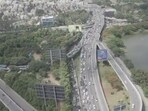 Drone cameras monitor traffic congestions in Bengaluru. (Screengrab from a video) Drone cameras monitor traffic congestions in Bengaluru. (Screengrab from a video)
