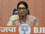 Union Minister Smriti Irani addresses a press conference in Delhi.