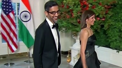 Alphabet CEO Sunder Pichai along with his wife Anjali Pichai arrives to attend the State Dinner at the White House in Washington DC, on Thursday. (ANI Photo) Alphabet CEO Sunder Pichai along with his wife Anjali Pichai arrives to attend the State Dinner at the White House in Washington DC, on Thursday. (ANI Photo)