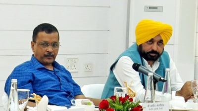 Delhi Chief Minister Arvind Kejriwal and Punjab Chief Minister Bhagwant Mann attend the Opposition leaders' meeting regarding a joint strategy for the 2024 Lok Sabha elections, in Patna on Friday. (ANI) Delhi Chief Minister Arvind Kejriwal and Punjab Chief Minister Bhagwant Mann attend the Opposition leaders' meeting regarding a joint strategy for the 2024 Lok Sabha elections, in Patna on Friday. (ANI)