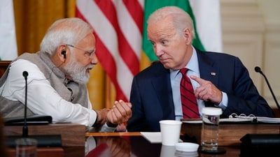 US President Joe Biden speaks with Prime Minister Narendra Modi and American and Indian business leaders in the East Room of the White House, Friday. (AP) US President Joe Biden speaks with Prime Minister Narendra Modi and American and Indian business leaders in the East Room of the White House, Friday. (AP)