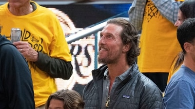 May 10, 2023; San Francisco, California, USA; American actor Matthew McConaughey during the fourth quarter in game five of the 2023 NBA playoffs conference semifinals round between the Golden State Warriors and the Los Angeles Lakers at Chase Center. Mandatory Credit: Kyle Terada-USA TODAY Sports (USA TODAY Sports via Reuters Con)