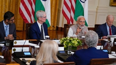 India's Prime Minister Narendra Modi speaks during a meeting with President Joe Biden and American and Indian business leaders in the East Room of the White House. (AP) India's Prime Minister Narendra Modi speaks during a meeting with President Joe Biden and American and Indian business leaders in the East Room of the White House. (AP)
