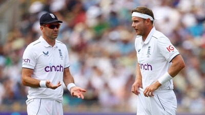 England's James Anderson reacts with Stuart Broad (Action Images via Reuters)