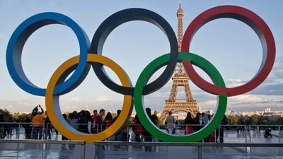 The Olympic rings set up in Paris, the venue for 2024 Games (AP)
