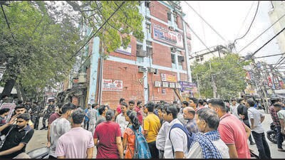 Outside the coaching centre where fire broke out on June 15 at Commercial Complex near Batra Cinema, Mukherjee Nagar. (Sanchit Khanna/HT PHOTO) Outside the coaching centre where fire broke out on June 15 at Commercial Complex near Batra Cinema, Mukherjee Nagar. (Sanchit Khanna/HT PHOTO)