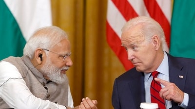 Prime Minister Narendra Modi and President Joe Biden in a meeting with American and Indian business leaders at the White House, Washington, Friday, June 23, 2023. (PTI) Prime Minister Narendra Modi and President Joe Biden in a meeting with American and Indian business leaders at the White House, Washington, Friday, June 23, 2023. (PTI)