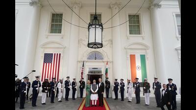 President Biden and First Lady Jill Biden welcome PM Modi at the White House. (AP) President Biden and First Lady Jill Biden welcome PM Modi at the White House. (AP)