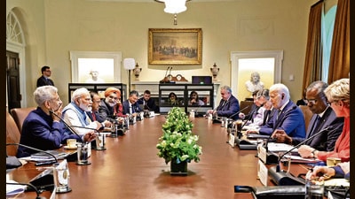 Prime Minister Narendra Modi and US President Joe Biden, with their respective teams, during bilateral discussions at the White House on Thursday. (PTI) Prime Minister Narendra Modi and US President Joe Biden, with their respective teams, during bilateral discussions at the White House on Thursday. (PTI)
