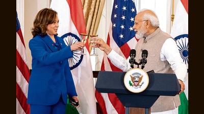 Prime Minister Narendra Modi and US vice president Kamala Harris raise a toast during a State Visit Luncheon in Washington. (AP) Prime Minister Narendra Modi and US vice president Kamala Harris raise a toast during a State Visit Luncheon in Washington. (AP)