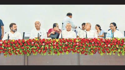 Rahul Gandhi, Mallikarjun Kharge, Nitish Kumar, Lalu Prasad and Mamata Banerjee with other opposition leaders on Friday. (PTI) Rahul Gandhi, Mallikarjun Kharge, Nitish Kumar, Lalu Prasad and Mamata Banerjee with other opposition leaders on Friday. (PTI)